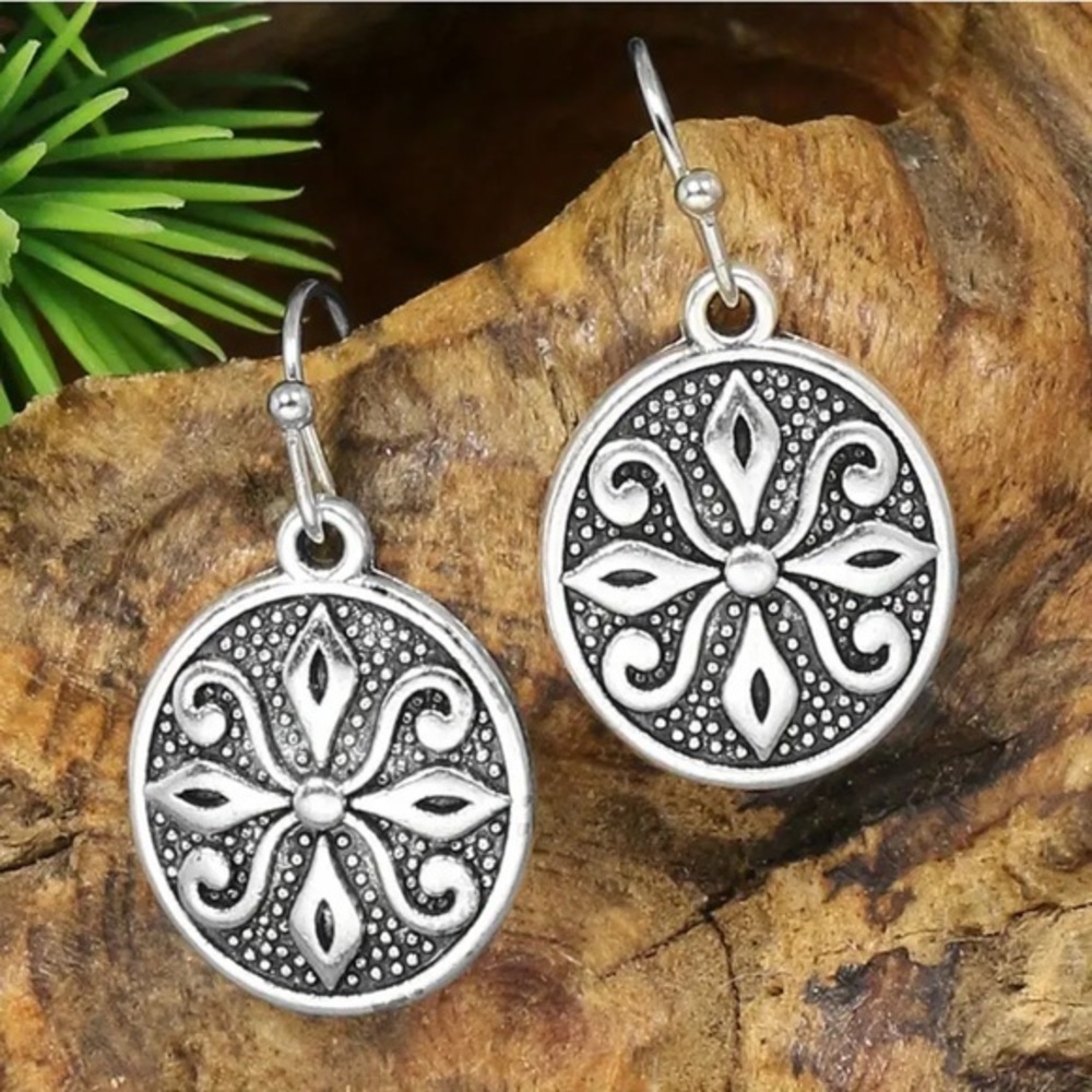 Fashion Jewelry OS antique silver BOHO round solid lightweight dangle earrings
